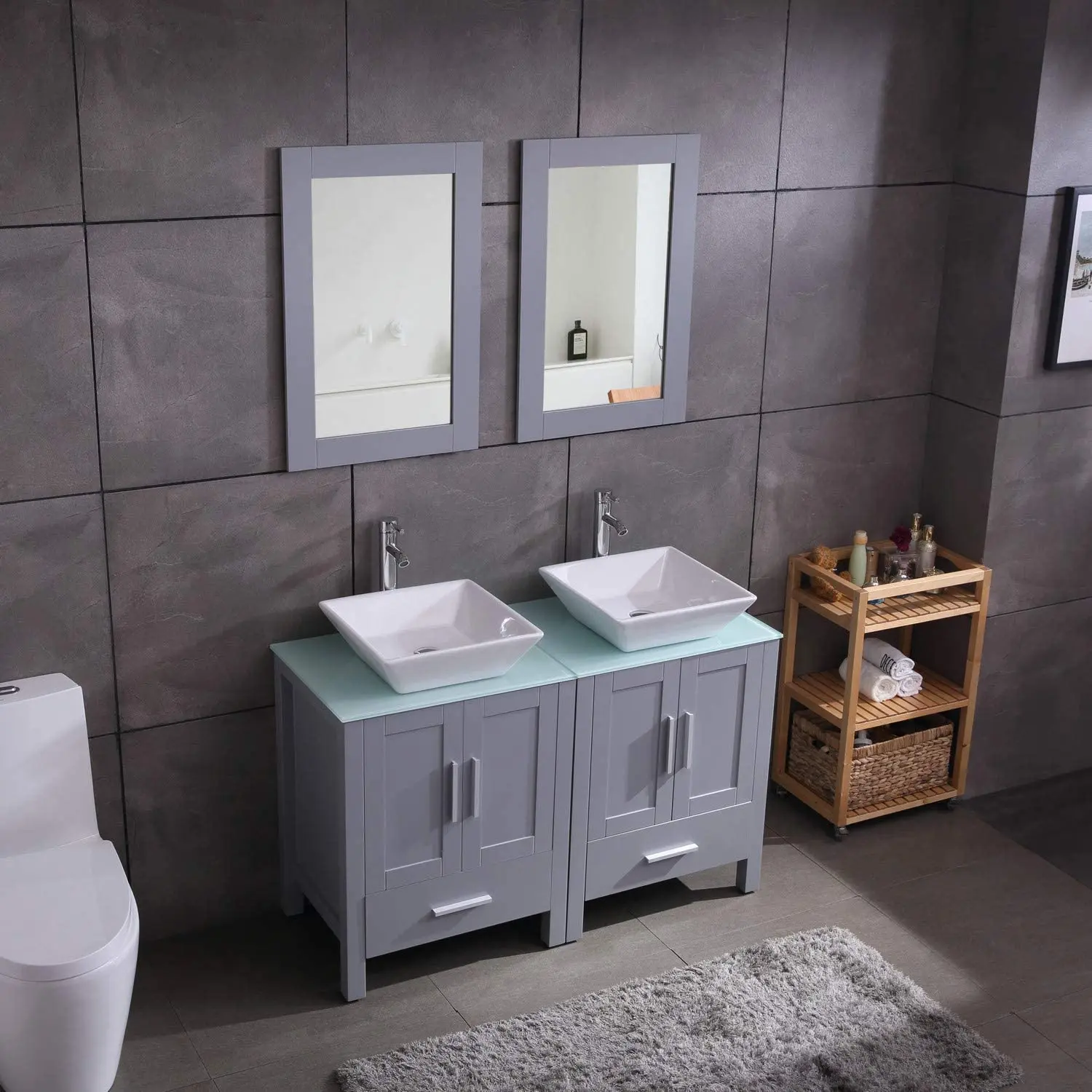 48 inch Double Sink Bathroom Vanity Cabinet Combo Glass Top Grey Paint MDF Wood w/Faucet, Mirror&Drain Set