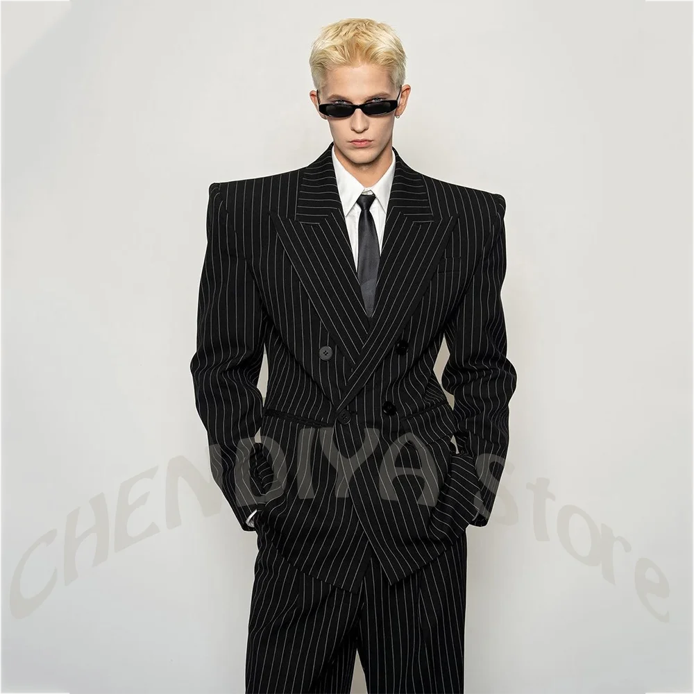 Smart Casual Men Suit Black Striped Double Breasted Wide Shoulder Oversized Loose Party Daily Streetwear Male Two Piece Set