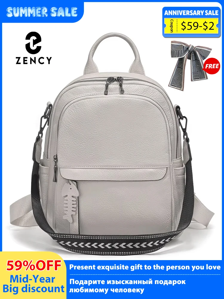 

Zency Genuine Leather Backpack Multi-pocket Design Simple Travel Convertible Shoulder Bag Knapsack for Summer Winter Blue