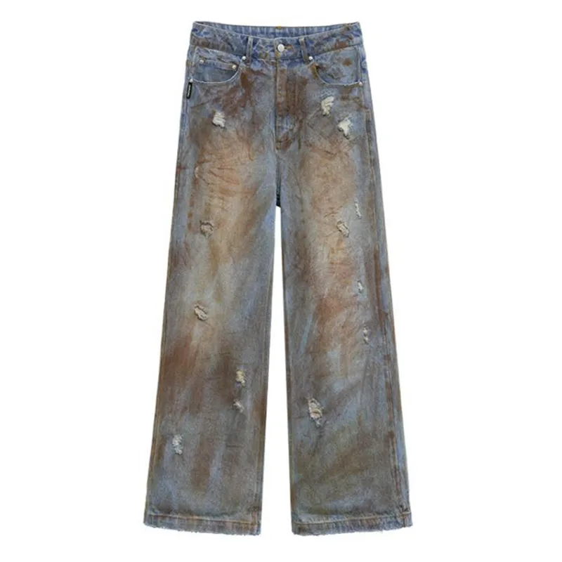 2024 New American Vintage Loose Wide Leg Straight Jeans Women Fashion Hand Painted Yellow Mud Denim Pants s801