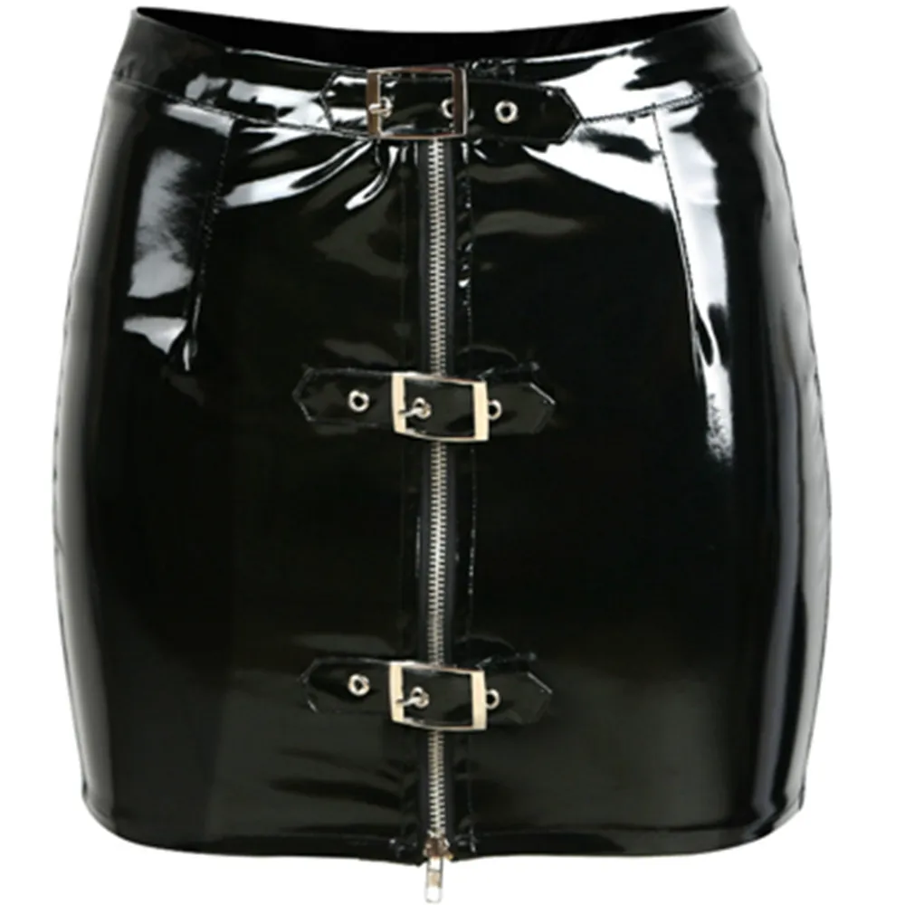Women Black Soild Adjustable Keyhole Zip High Waist Slim Glossy Latex PU Leather Mini Bodycon Skirt Rave Party Clubwear Costume