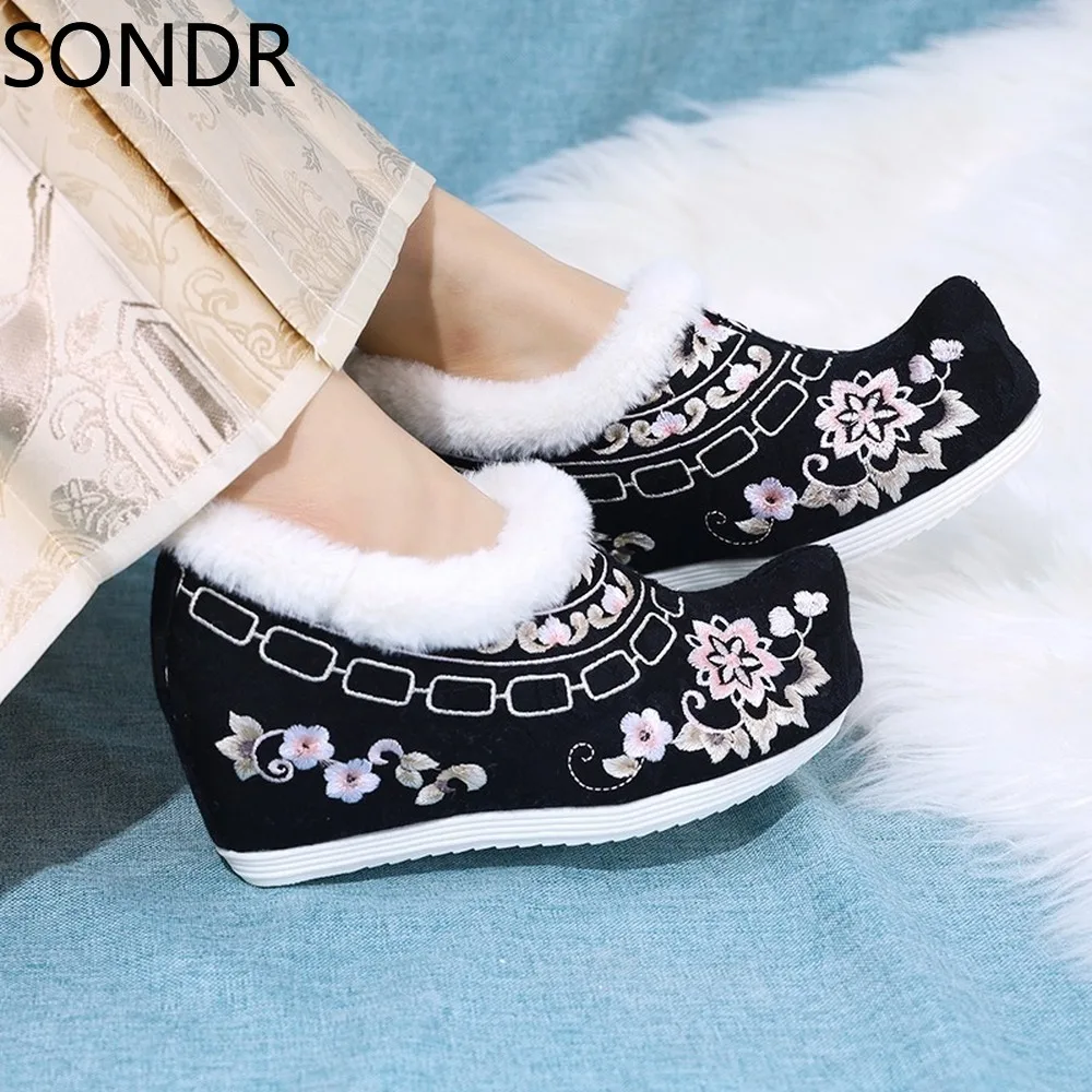 Womens Embroidery Floral Ankle Boots Hanfu Fur Liner Warm Snow Winter Hidden Heel Shoes Chinese Styles 3Colors Princess New 2024