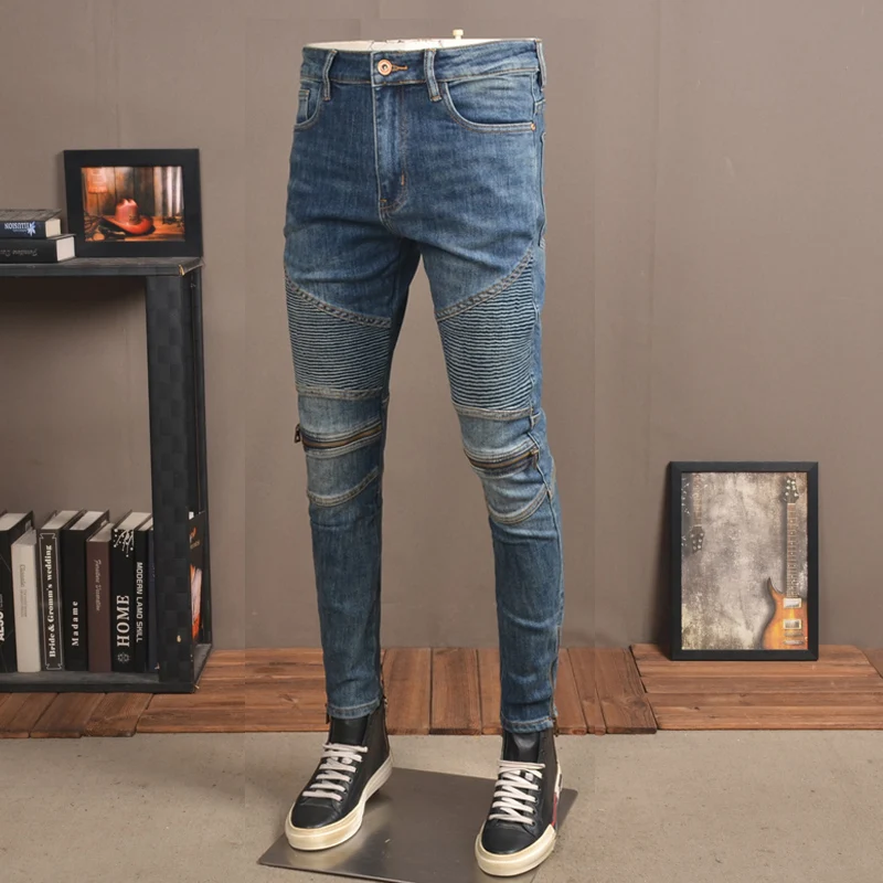 Jeans Pria Fashion Jalan Jeans Pengendara Sepeda Terpasang Pas Badan Elastis Biru Retro Celana Denim Hip Hop Desainer Ritsleting Bawah Homme Pria