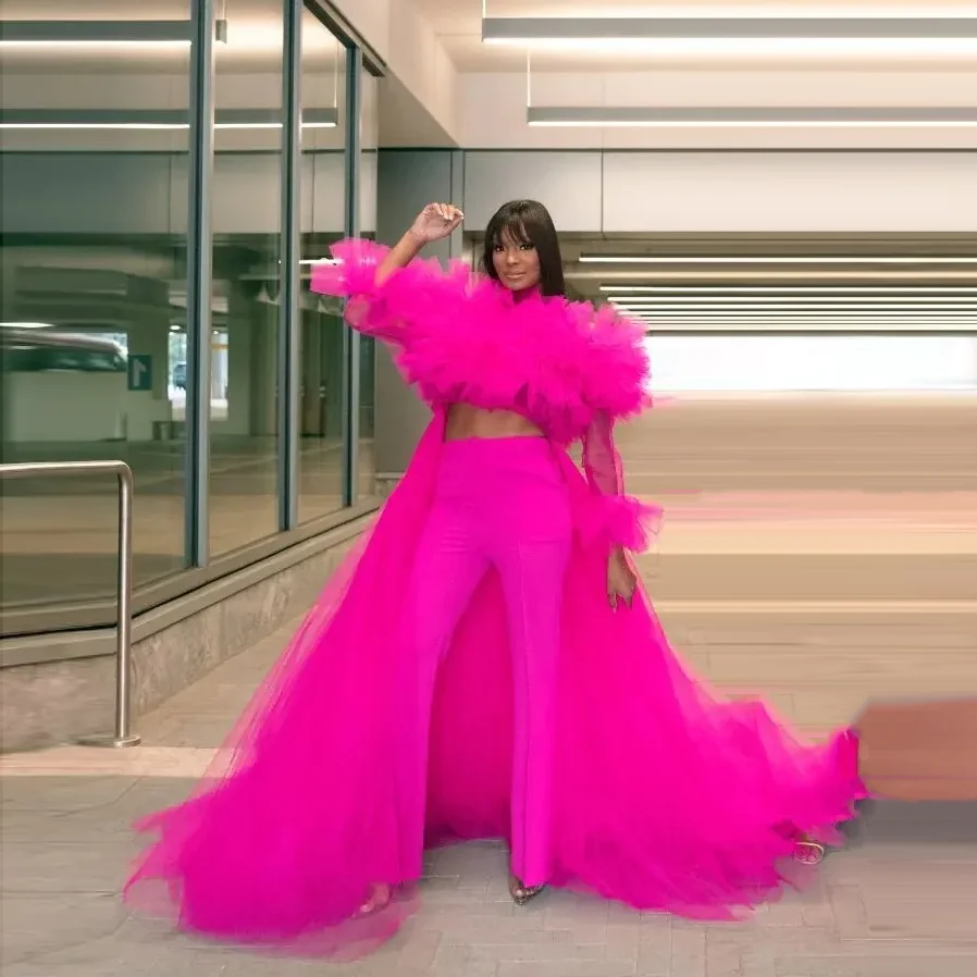 

Hot Pink 2 Pieces Top with Sleeves Illusion Long Pants Custom Made Tulle Prom Dress Women Maxi Gowns Layered Tops Pants