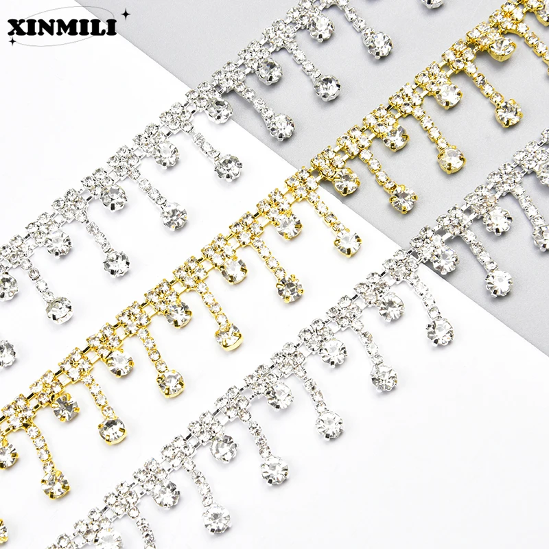 1 Yard Short Rhinestone Tassel Dangle Crystal Trim Bling Glass Diamond Metal Chain Sew on Garment Shoes Bride Dress Decoration