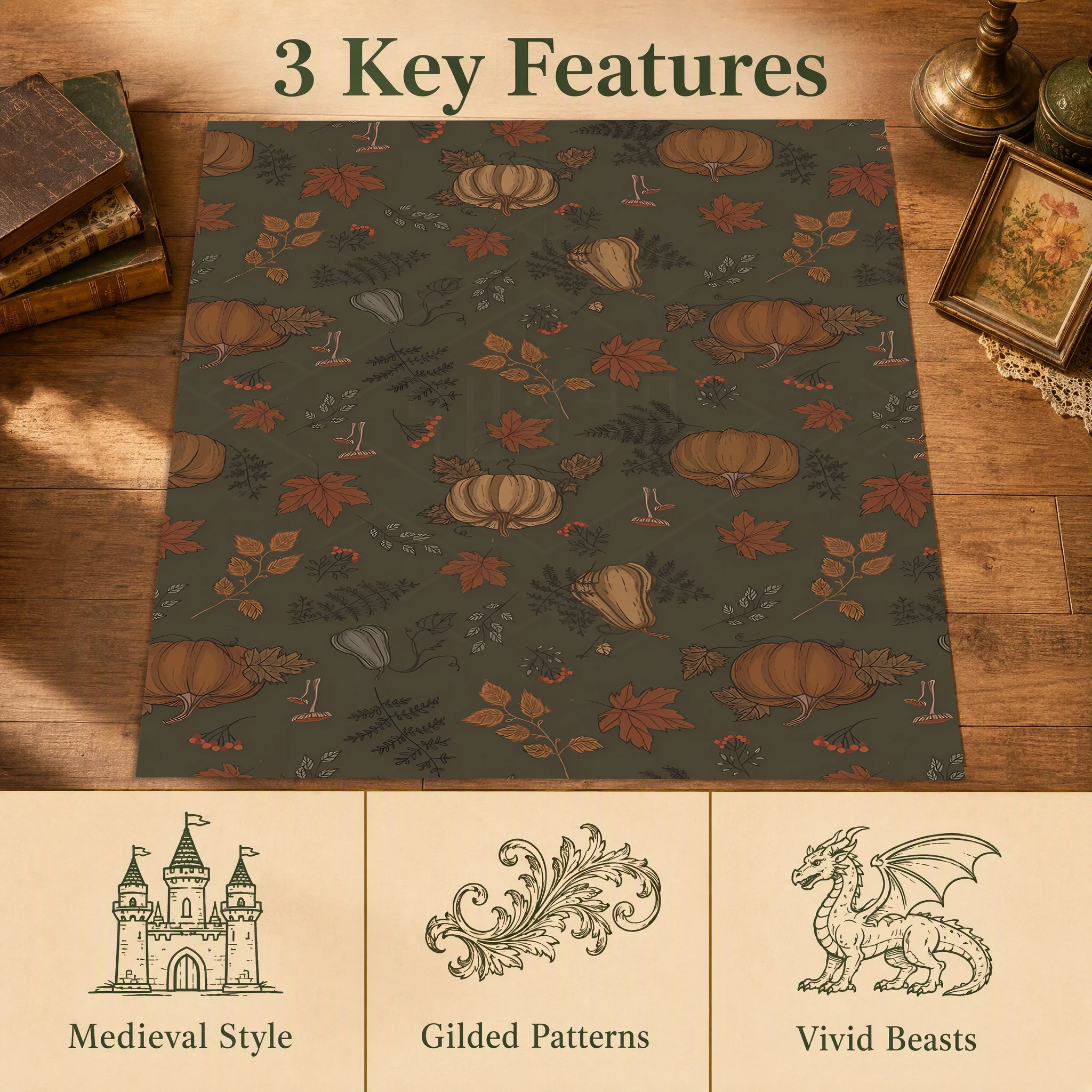 Pumpkin and Autumn Leaf Print Retro Forest-Style Velvet Rug, Perfect for Autumn and Winter, Suitable for Living Room and Bedroom, Easily Creating a Warm Autumn Harvest Atmosphere