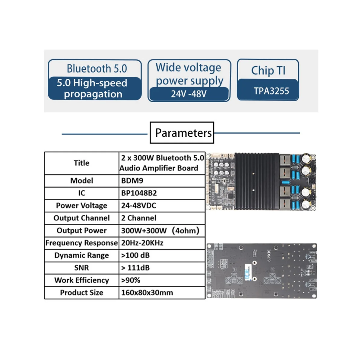 BDM9 TPA3255 2X300W Bluetooth, papan penguat daya BT5.0 Stereo daya tinggi dapat disesuaikan