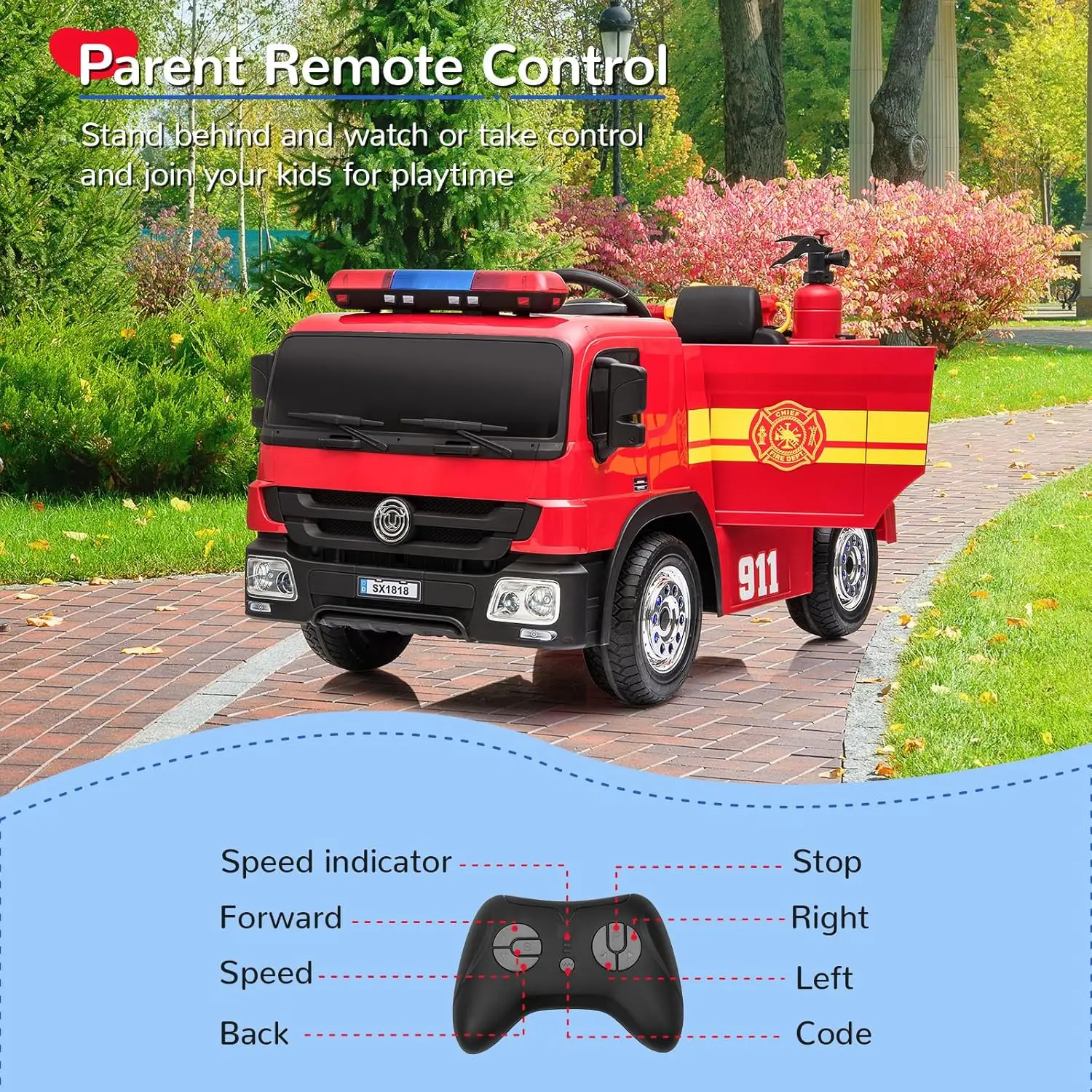 12-V-Fahrt auf Feuerwehrauto, Elektrofahrzeug für Kinder, batteriebetriebenes Autospielzeug mit Fernbedienung, motorisiertes Fahrauto mit elektrischer Steuerung, Simulation