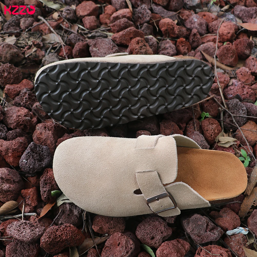 

KZZO 2026 Женские мюли и сабо из натуральной замши с регулируемой пряжкой, пробковой стелькой, комфортные повседневные уличные тапочки, нескользящие