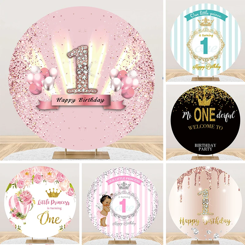 Pink Glitter Sequin 1st Birthday Round Backdrop Nerborn 1 Year Girl Boy Baby Shower Party Decor Circle Photo Background Cover