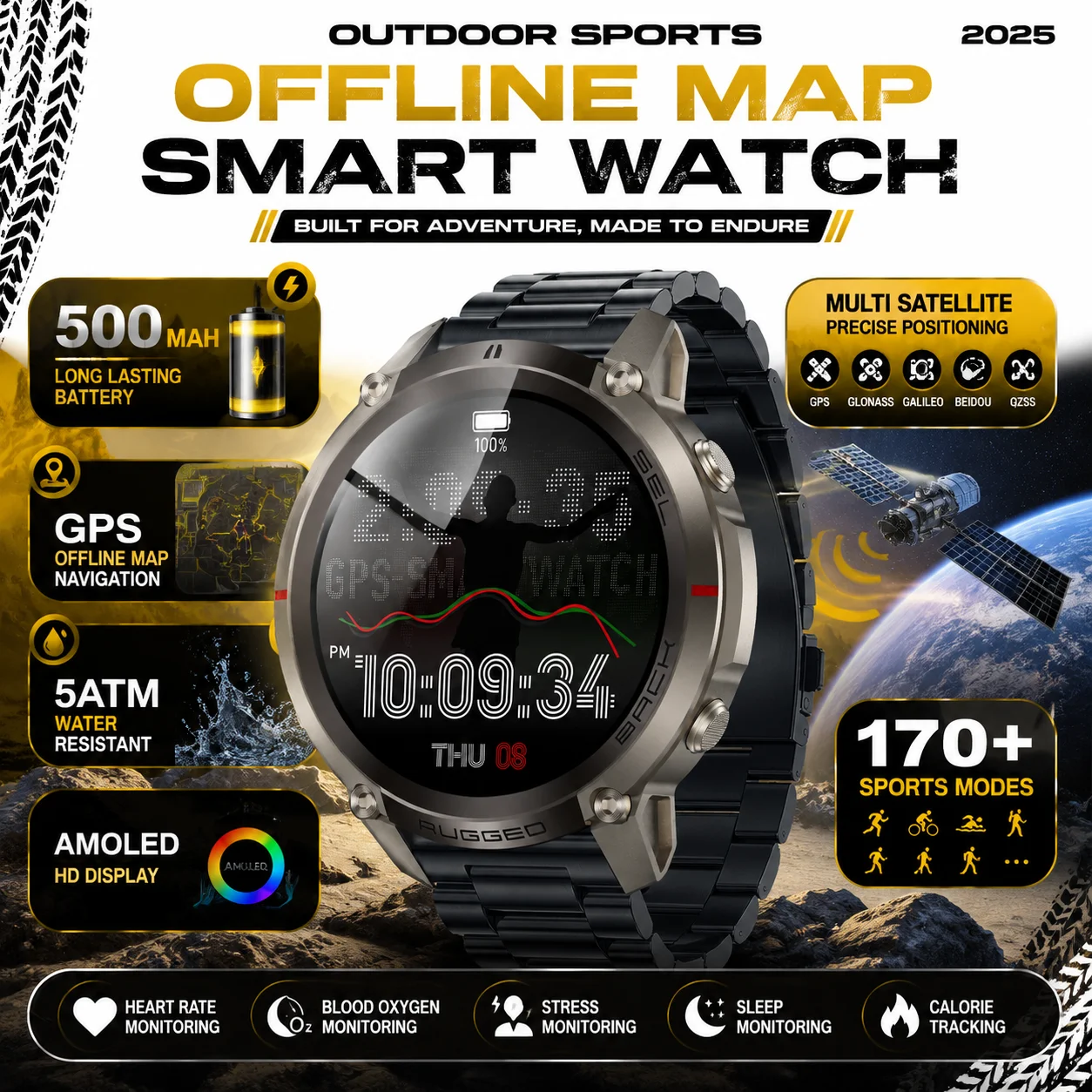 Nouvelle montre connectée GPS sportive, navigation hors ligne avec cartes, écran AMOLED 1,43 pouces, étanche 5ATM, fréquence cardiaque SpO2, données boussole et altimètre