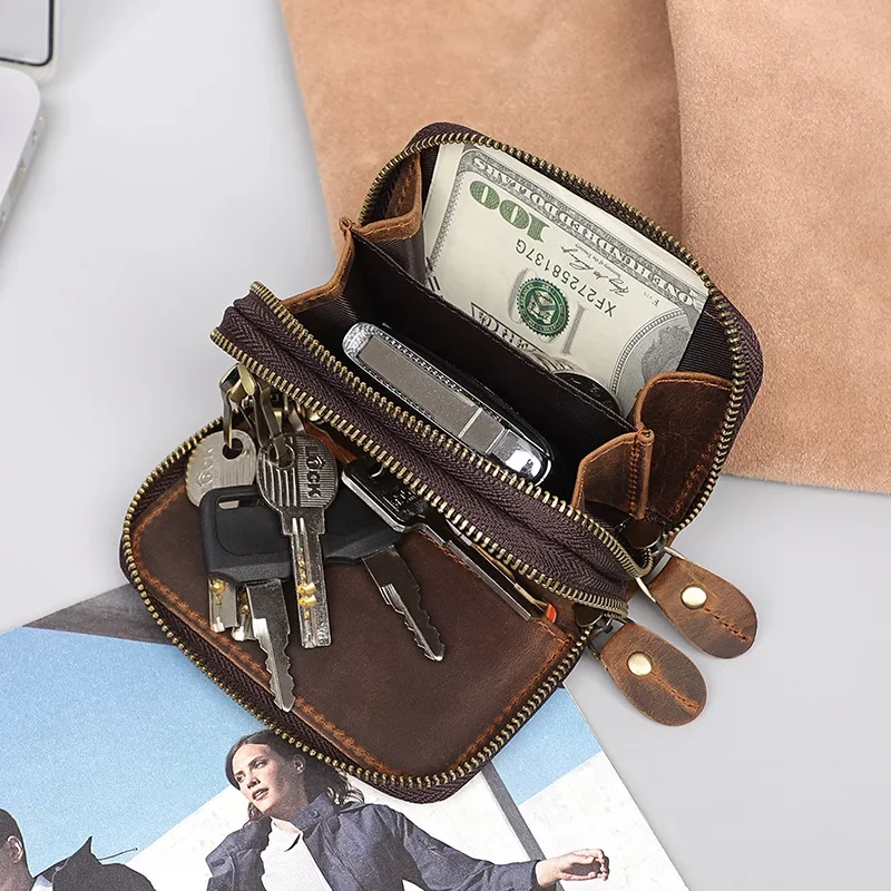Vintage leather key bag Double double zipper large capacity Crazy horse leather car key handbag coin purse boys ladies