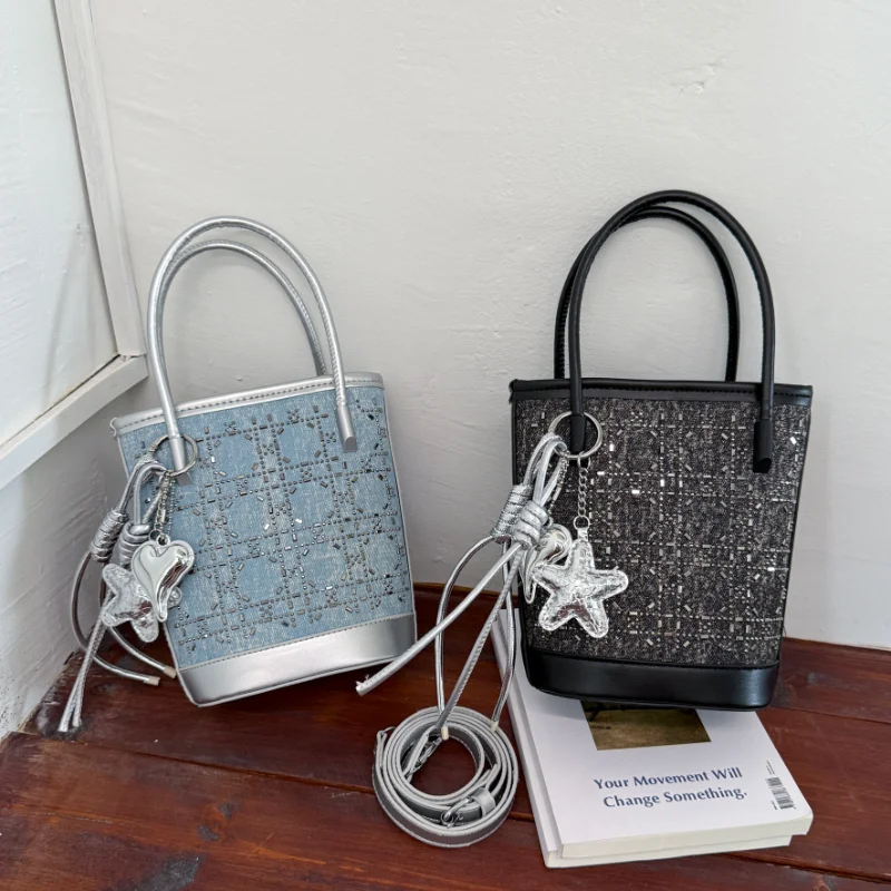 

Vintage Beaded Denim Bucket Bag for Women 2026 Fashion Korean Style Niche Multi-purpose Handbag or Crossbody Bag