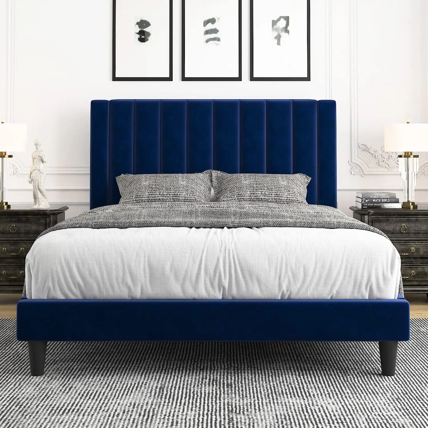 Full Platform Bed Frame/Velvet Upholstered Bed Frame with Vertical Channel Tufted Headboard/Strong Wooden Slats