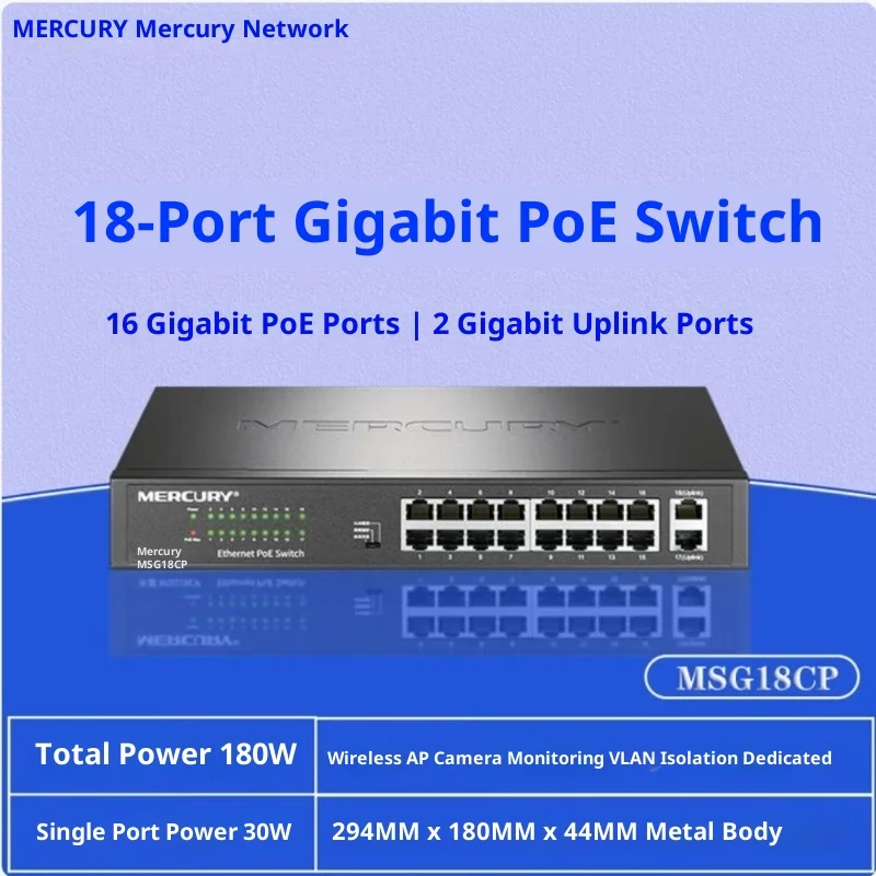 

Коммутатор MERCURY 18-портовый Gigabit PoE, 16 портов PoE+ 180 Вт (30 Вт на порт), 2 слота SFP с режимами VLAN/изоляции/мониторинга