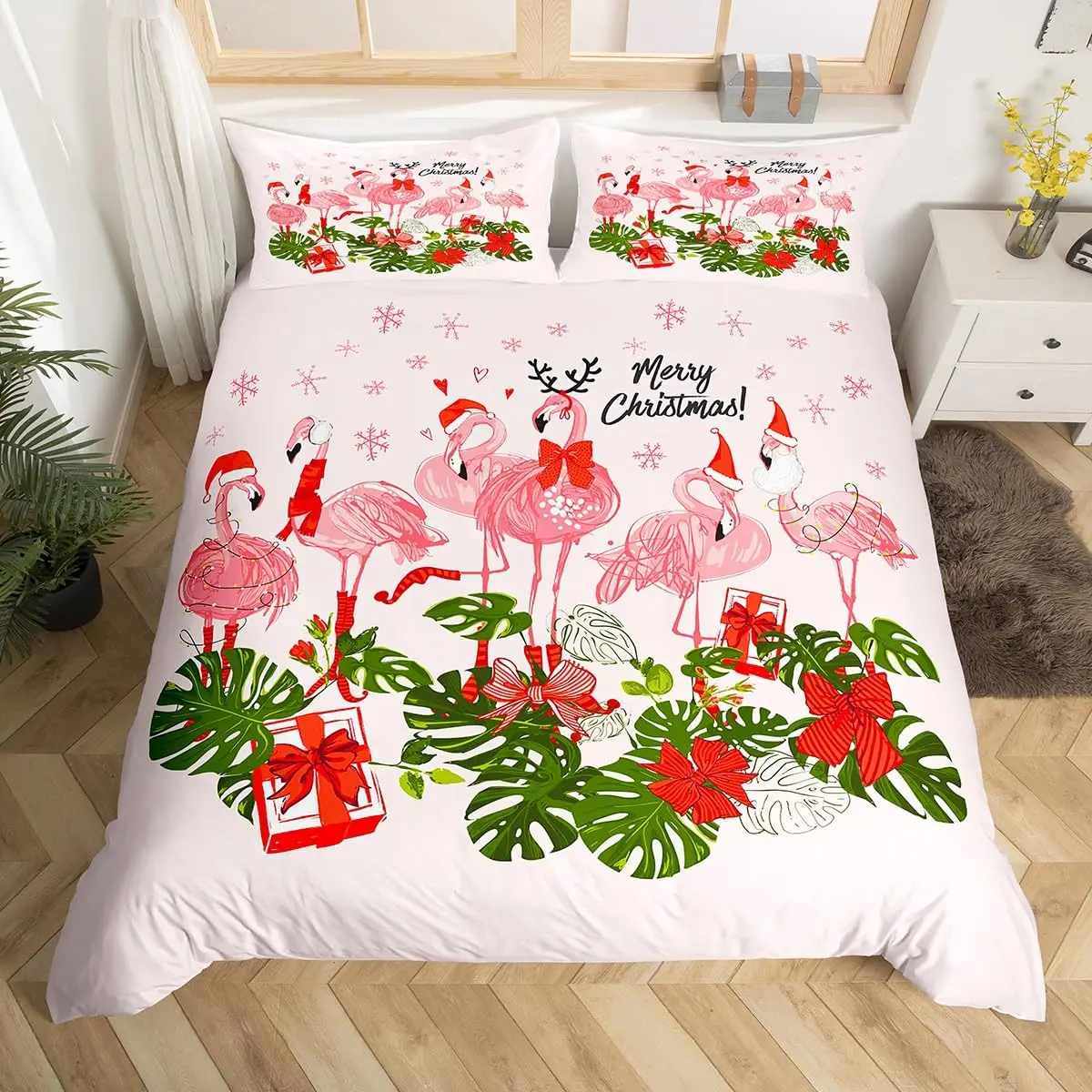 Flamingo Duvet Cover Set Queen Size Tropical Flamingo Pattern Bedding Set for Kids Boys Girl 1 Quilt Cover 2 Pillowcases 3 Piece