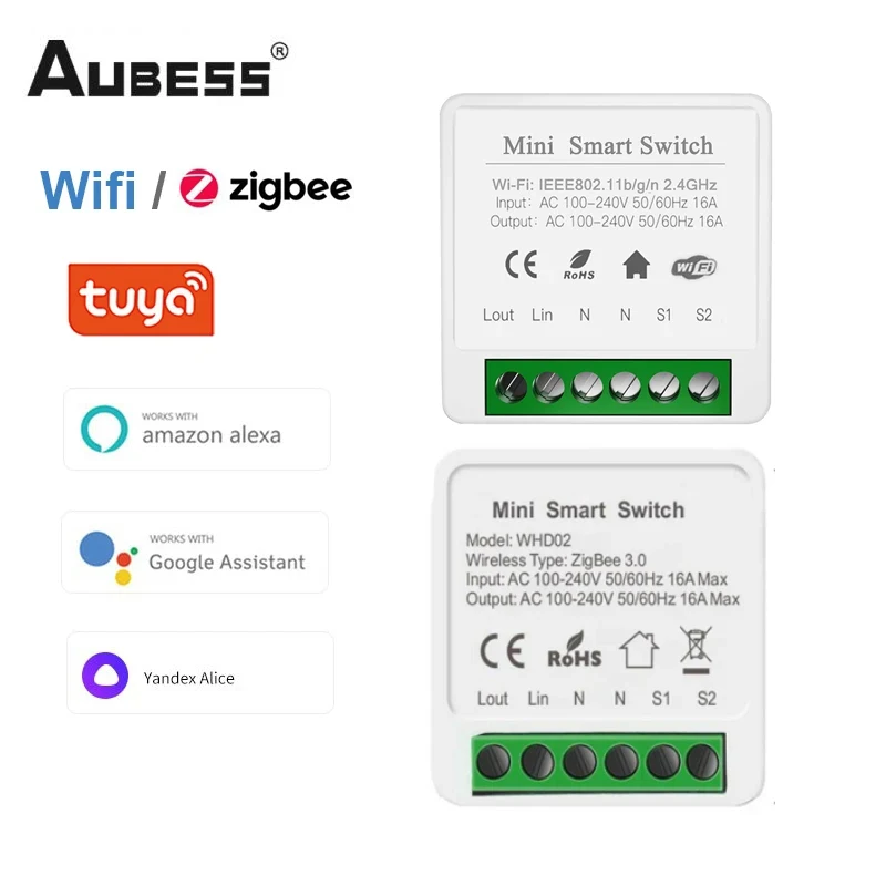 AUBESS 16A Tuya Wifi / Zigbee Mini Smart Switch 2-Way Control Smart Life DIY Light Switches For Alexa Google Home Yandex Alice