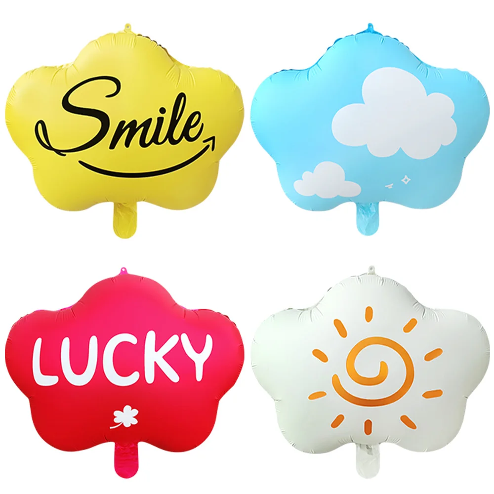 4-teiliges Wolkenförmiges Folienballons-Set, Lächeln & Glück Thema Mylar-Ballons, Sonnen- und Himmel-Design Blumen-Wolken-Ballons für Erwachsenen-Geburtstage