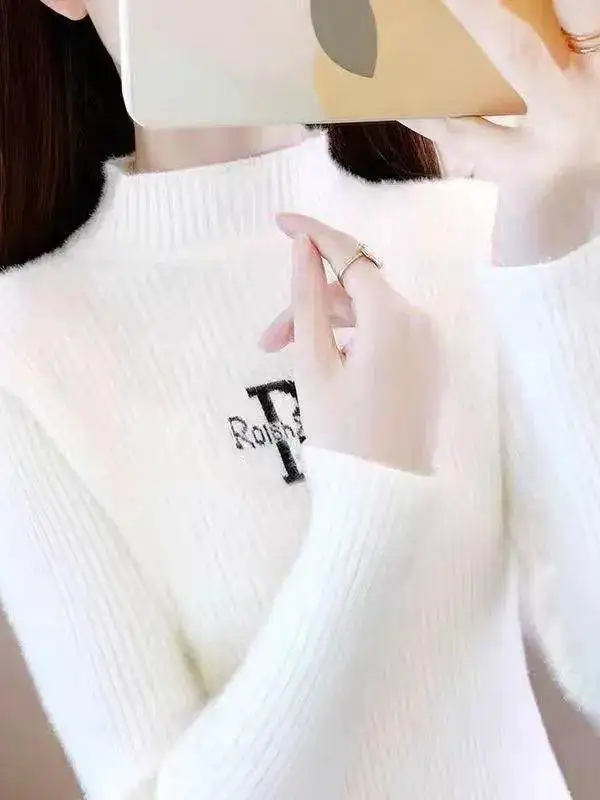 Women's Autumn Winter New Style Water Rabbit Velvet Knitted Sweater High Collar Long Sleeve Slim Fit Overhead Base Shirt Pure...