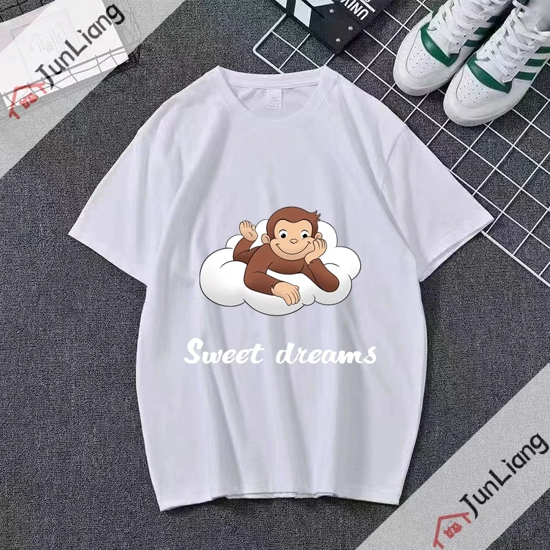 Summer Short Sleeve Boys Girls T-shirt Curious George Cartoon Print Shirt Fun Monkey Kawaii Breathable Loose Modal Clothes