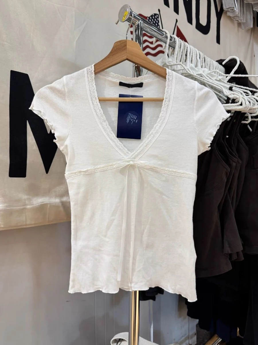 Lace Trim White Slim T-shirt Woman Summer Bow V-neck Fungus Short Sleeve Tee Shirts Female Causal Simple Sweet Cotton Crop Tops