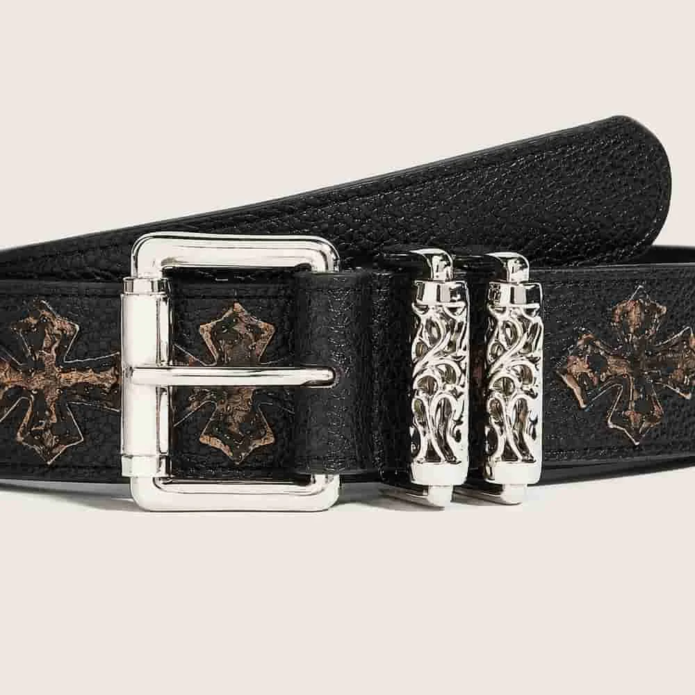 Black Cross Detail Punk Waist Belt Leopard Pattern Silver Tone Buckle Jeans Trousers Dresses Streetwear Party Costume Y2K Style
