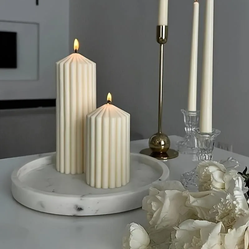2-Pack White Vertical Striped Soy Wax Pillar Candles, 20 Hours Burn Time, Roman Column Design, Suitable for Christmas, Thanksgiving, Valentine's Day, Church Weddings, Home Decoration, Birthday Parties, and Other Occasions Decor
