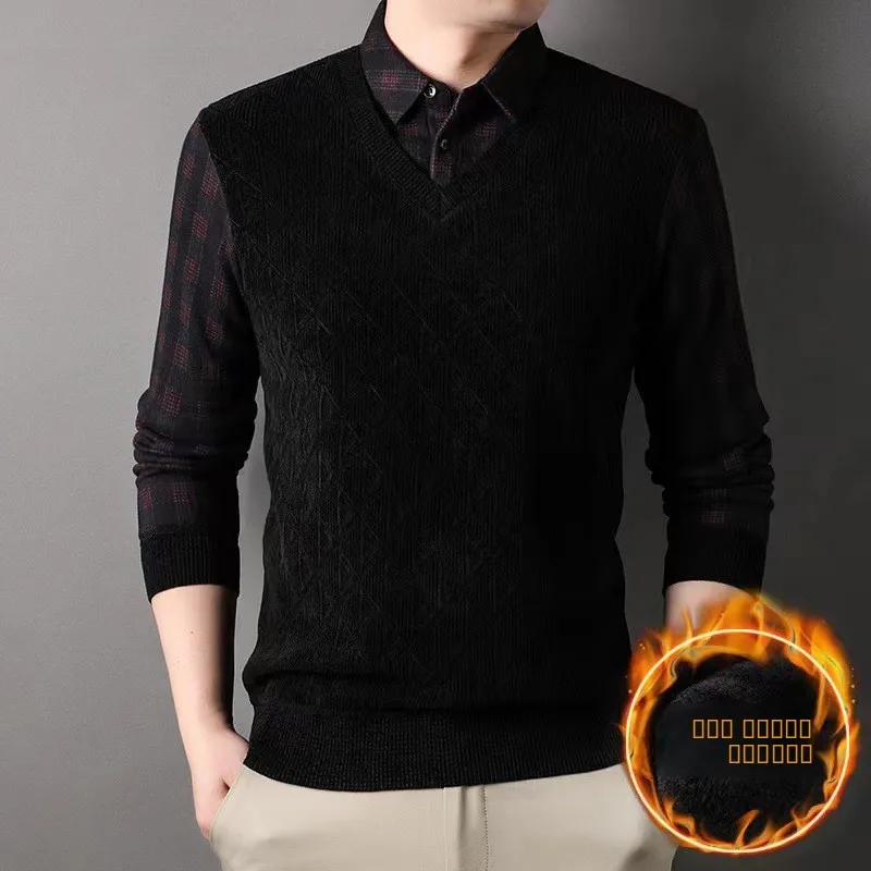 

Autumn Winter Thiened Knitted Fce Lined Men's Sweater Fake Two-Piece Warm Base Layer Woolen irt Casual Commute Wear