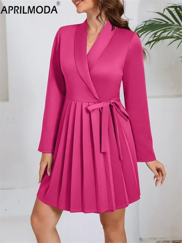 Elegant Office OL Pleated Mini Dress Work To Wear Turn Down Collar Long Sleeve Autumn Winter High Waist A-Line Vintage Dresses