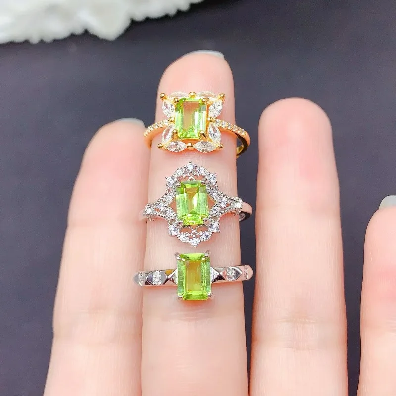 

Natural peridot ring real 925 silver gemstone ring 5mm*7mm 0.8ct genuine peridot silver ring for women