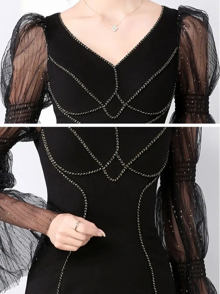 Luxious Sequins Mesh Splicing Evening Party Mermaid Dress Women's V-Neck Flare Sleeve Ruffles Package Hip Fishtail Bodycon Dress