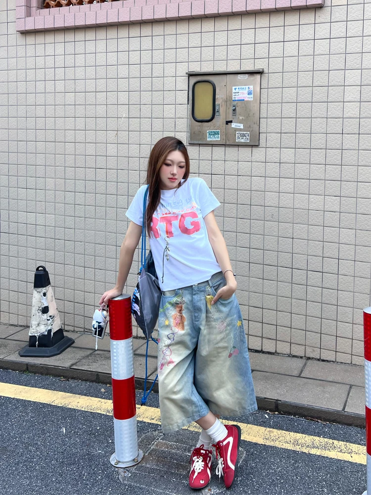 

Retro American Sweet Cool Print ort T-irt Women's Summer Slim Fit Design Sense ular Cotton round Ne ort Sve