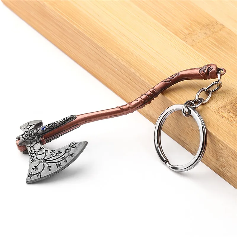 Llavero con colgante de espada de escudo guardián para hombres y mujeres, joyería de llavero de coche para fanáticos, dios de la guerra Kratos Axe