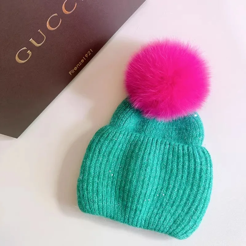

Autumn and Winter Real Fox Fur Pom Poms Hat for Women Outdoor Warm Skullies Beanie Winter Hat Rabbit Knitted Thick Cap Christmas