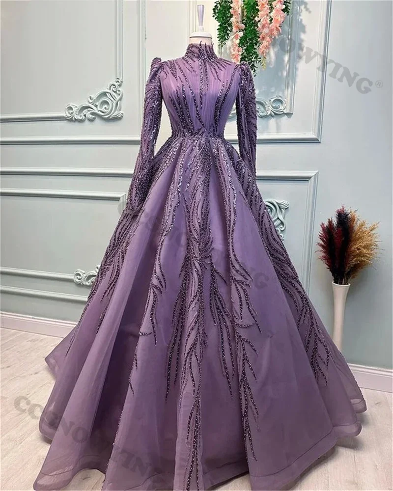 Organza Appliques Beaded Muslim Evening Dresses Long Sleeve Hijab Islamic Formal Party Gown Arabic Dubai Women Robes De Soirée