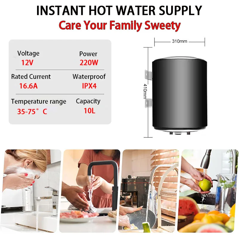 Aquecedor de água elétrico 12v/220v, 200w/1500w, aquecedores elétricos de parede para banheiro, chuveiro de água quente, rv, campista, carro, barco, 10l