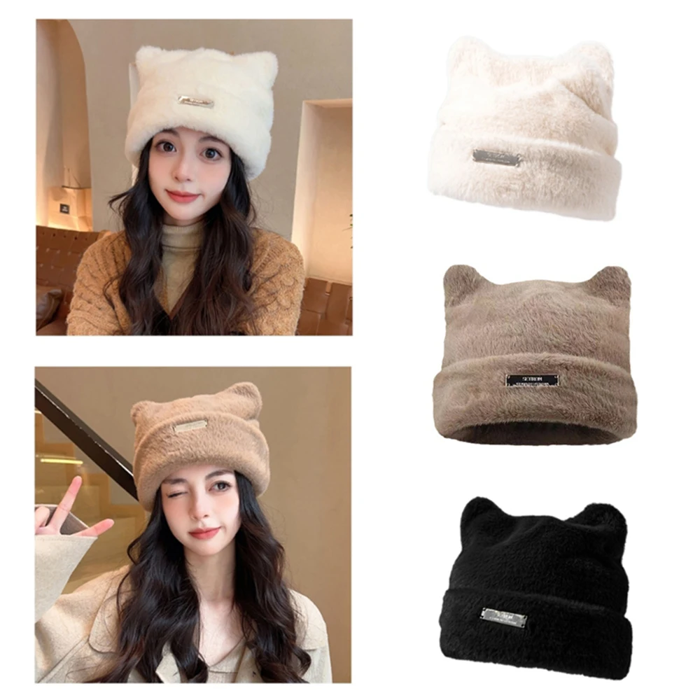 Cat Ears Knitted Hat Womens Autumn Winter Thick Plush Woolen Hat Knitted Solid Cute Lady Female Beanie Caps Warmer Bonnet Men