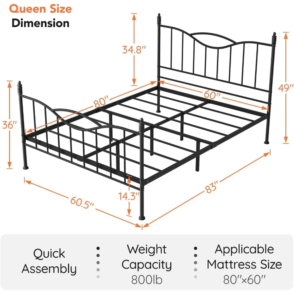 Cadre de lit queen size avec tête de lit, sommier de matelas à plateforme en métal de 14 pouces de haut avec pied de lit, rangement sous le lit
