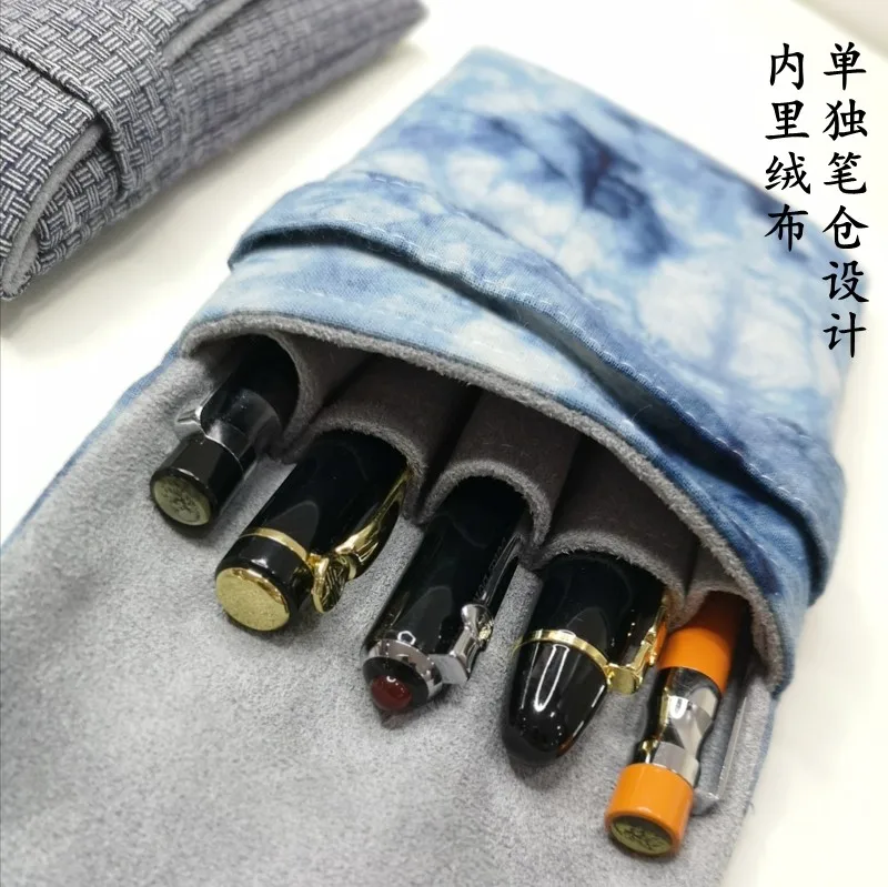 Chinese Style Pen Case 5-piece Pen Holder Fountain Pen Protector Blue Tie-dye Portable Storage Pouch
