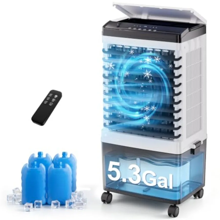 Swamp cooler for bedroom office home indoor use, plastic housing, white color, 1800 CFM airflow with 5.3 gal tank and 4 ice pac