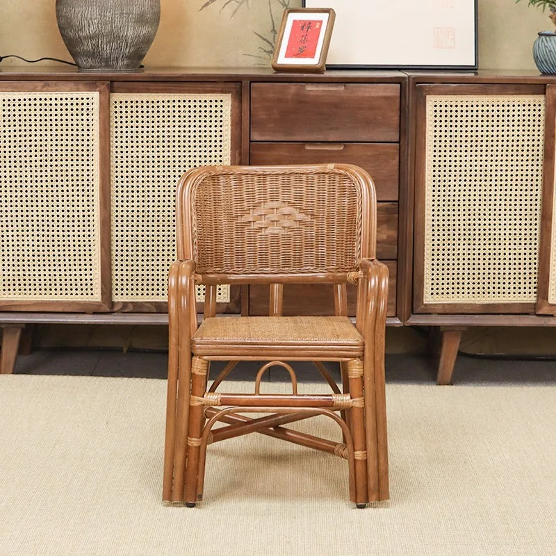 

True rattan armrest Small rattan chair Back Elderly chair Single household dining Children's chair Balck