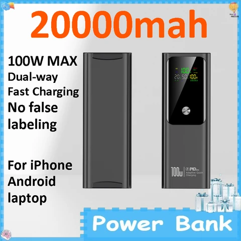 Портативный внешний аккумулятор 100W PD с быстрой зарядкой, 20000 мАч, двунаправленный, для iPhone, Android, ноутбуков
