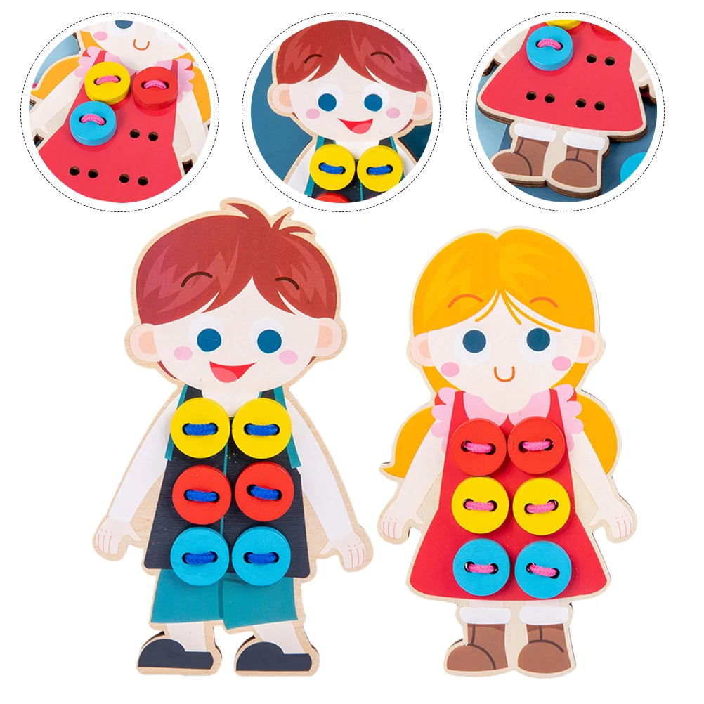 

2 Pcs Wooden Rope-wiring Toys Button Threading Pretend Play Toddler Montessori Lacing Puzzle