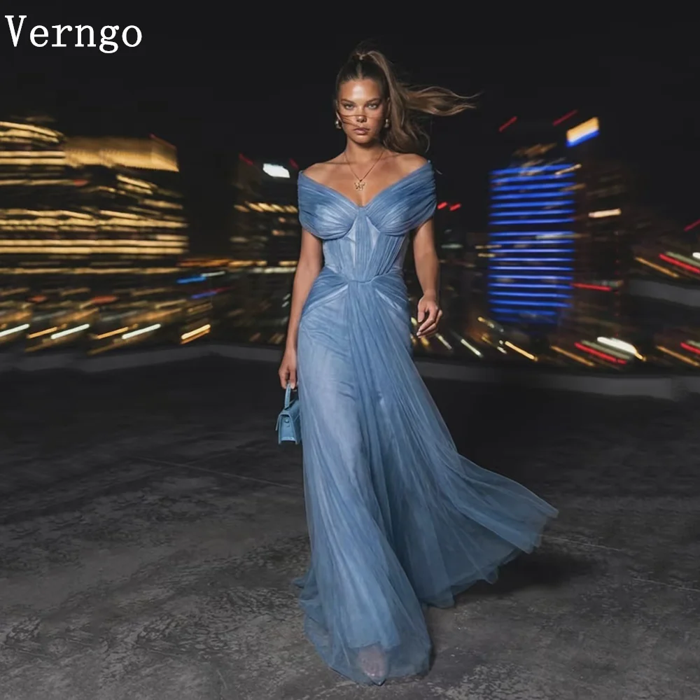 

Verngo Elegant Sky Blue Tulle Evening Dress Off The Shoulder A Line Pleated Formal Occasion Dress Zipper Party Dress Customizedm