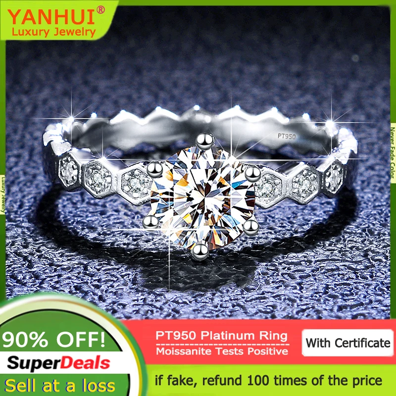 

YANHUI New Elegant Honeycomb Design 1 Carat Moissanite Diamond Ring Luxury PT950 Platinum Wedding Band Women's Fine Accessories