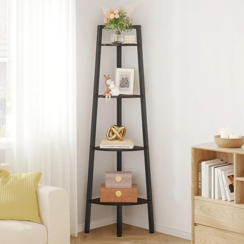 

Corner Shelf, 4-Tier Corner Bookshelf, Rustic Ladder Shelf, Industrial Display Stand for Living Room, Kitchen, Home Off