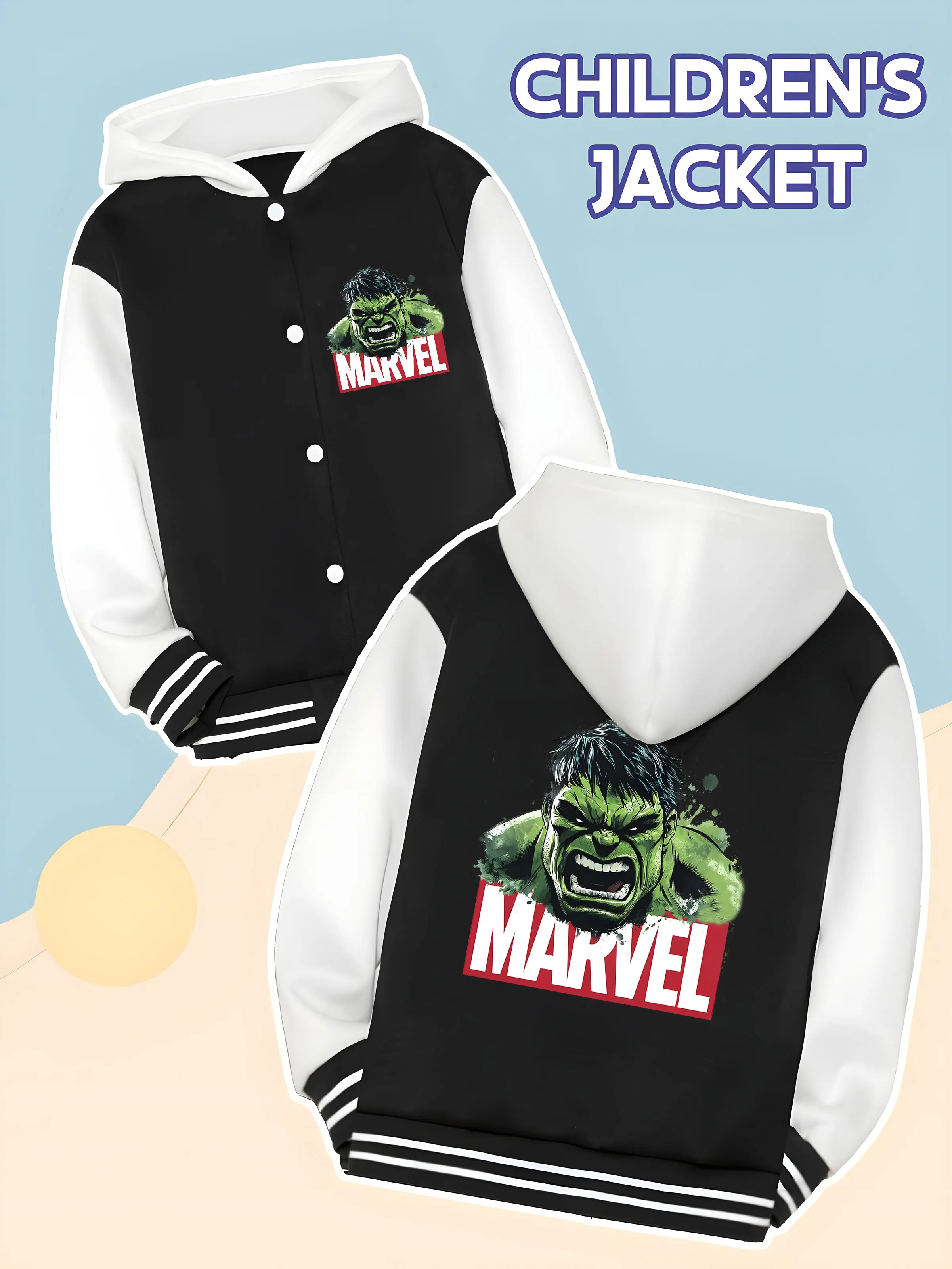 

MINISO Marvel Hulk personalized boys' baseball jacket - Hulk's domineering portrait print, double-sided to convey a sense of pow