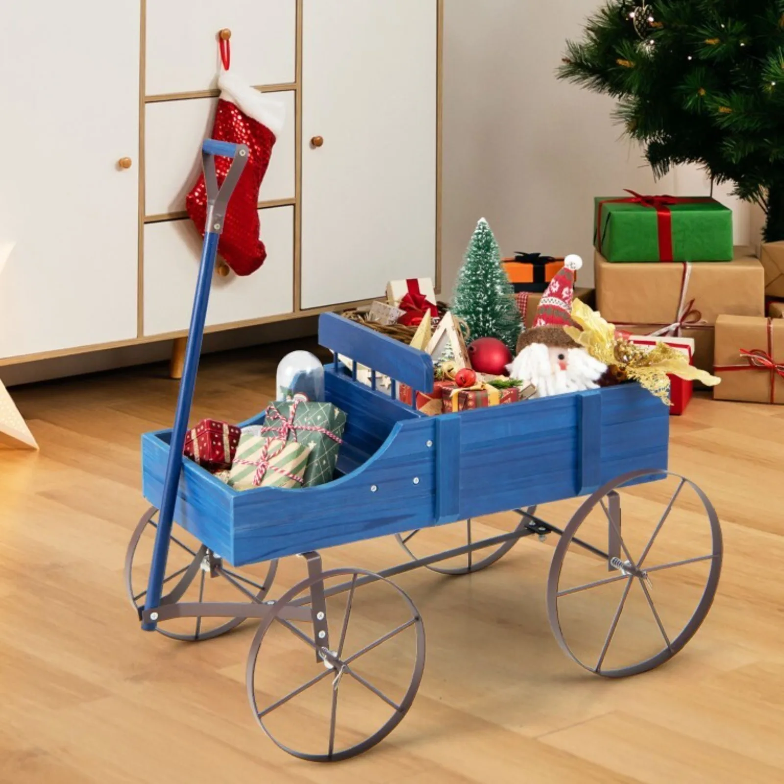 

Patio Outdoor Garden Decorative Planter Wagon Wooden Plant Bed w/ Metal Wheels
