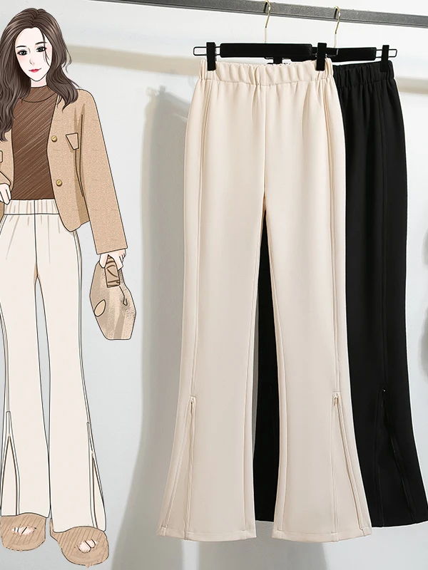 High Waist Side Zipper Micro Flare Suit Pants Women's Spring Small Size High-End Feeling Bell Bottoms Casual Cotton Blend