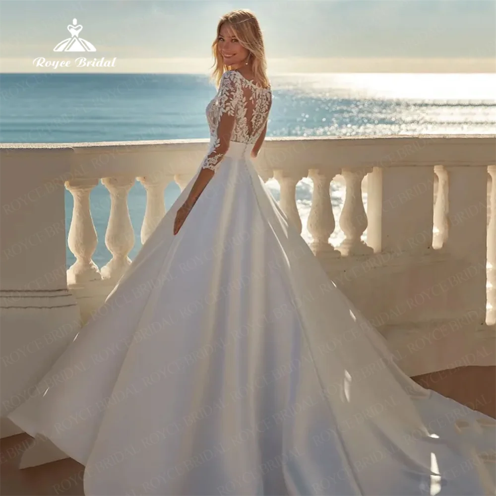 Roycebridal Boho A Line Satijn Met Kanten Applique Driekwart Mouwen Trouwjurk V-Hals Bruid Jurk Aanpassen Voor Bruid